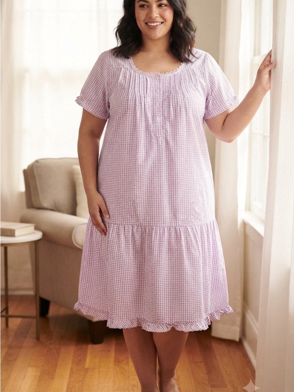 Lati Fashion Plus-Size Lavender Gingham Nightdress with Ruffle Hem